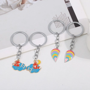 Rainbow heart and blue fox cloud puzzle keychains for couples and best friends