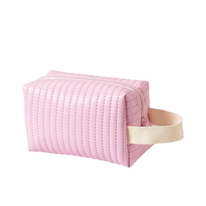 Beauty case trapuntato in pelle PU rosa con cerniera e manico in tessuto per il viaggio