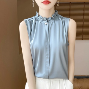 Light blue ruffle stand collar sleeveless satin blouse for women in a minimalist setting