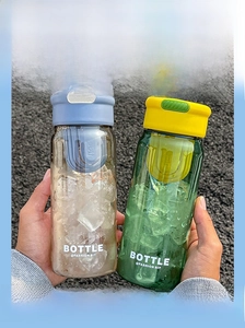 Close-up of translucent portable water bottle with tea infuser and built-in straw