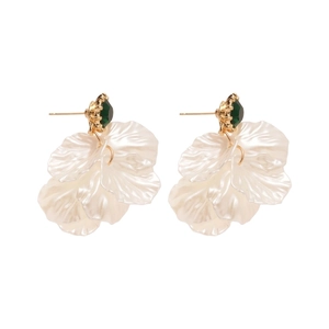 Elegant floral tassel earrings with green crystal and white layered pearl petals
