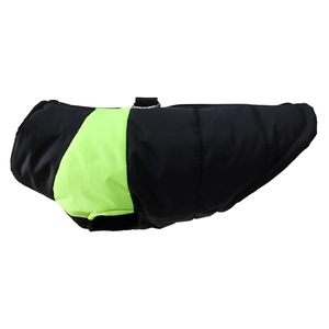 Detail of waterproof quilted dog vest showing fluorescent green panels and D-ring harness