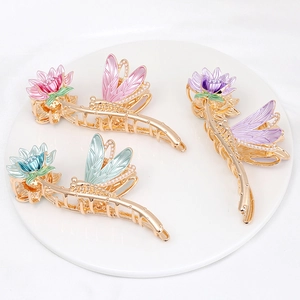 Three-piece set of large alloy hair claws with colorful dragonfly and lotus floral patterns
