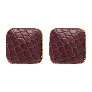 Vintage burgundy faux leather square stud earrings with gold trim for women