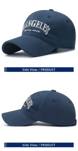 Detail view of navy blue cotton baseball cap with white vintage embroidery lettering