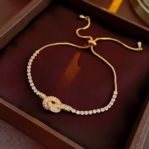 Elegant Knot Bracelet Women Gold Plated Copper Sparkling Zirconia Adjustable Slider Clasp Luxury Jewelry Gift