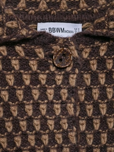 Vintage brown knit cardigan with camel geometric patterns and retro resin button detail