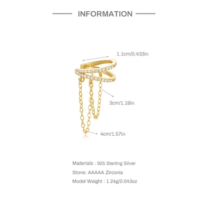 Detail of silver tassel ear cuff with S925 hallmark and sparkling zircon stones