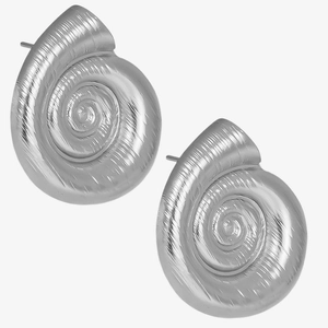 Macro shot of silver 304 stainless steel snail shell earrings with polished metallic finish