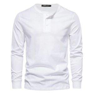 Detail view of a white slim fit Henley t-shirt featuring a three-button neck design