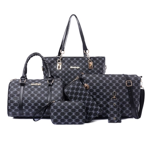 6-piece black monogram tote set with M pattern and golden metal hardware details