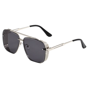 Steampunk rectangular sunglasses for men with silver metal frame and side mesh shield