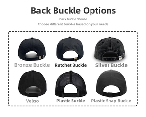 Detail showing six adjustable back closure options for unisex cotton baseball caps