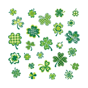 Saint Patrick's Day clover window stickers with green patterns and Lucky text