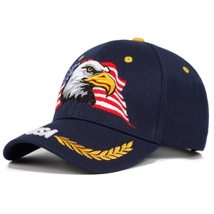 Navy blue baseball cap with American flag eagle embroidery and golden laurel leaf detail