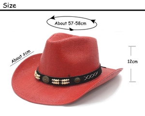 Detailed size chart for red western straw cowboy hat with beads and metal accents
