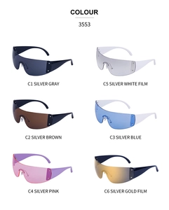 Grid display of Y2K rimless sports sunglasses in six colors including silver and blue