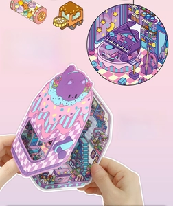 Detail of 2.5D scene card with matte finish and foldable cartoon interior design