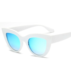 Retro cat-eye sunglasses with white frames and blue mirrored lenses for women