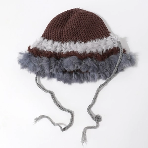 Winter Maillard style knit beanie with patchwork faux fur trim and braided drawstrings