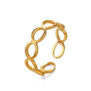 Minimalist gold geometric oval hollow link adjustable ring in polished titanium steel