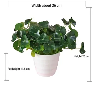 Detail view of artificial greenery plant with white wavy pot showing 26cm dimensions