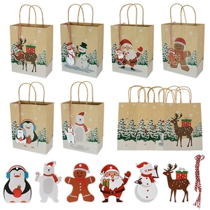 Set of 6 Christmas kraft paper gift bags with animal motifs, tags and cotton ropes