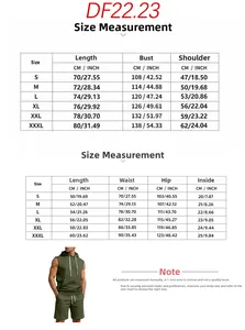 Detailed size chart for men sleeveless hooded knit vest and shorts set in cm and inches