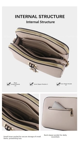 Detailed view of the internal structure with multiple zip compartments in a crossbody bag