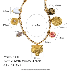 18K gold plated multi-pendant necklace with leopard head and woven cord charms