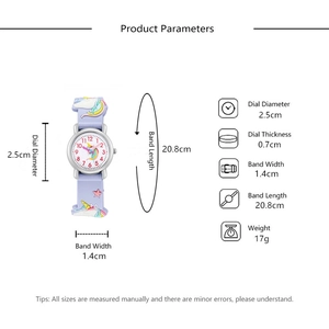 Detailed size specifications for kids unicorn watch with purple silicone strap