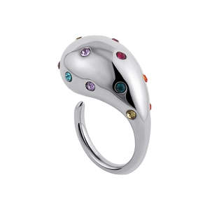 Macro view of silver water drop ring set with vibrant colorful round zircon stones