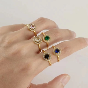 Adjustable 18K gold plated stainless steel ring set with zircon in five assorted colors