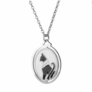 Retro Egyptian black cat oval pendant necklace with silver finish and cross chain