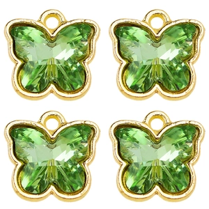 Set of four emerald green crystal butterfly charms with gold plating for jewelry DIY