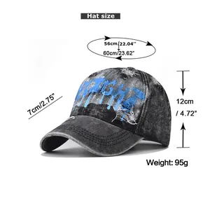 Size chart for washed denim baseball cap with detailed measurements in cm and inches