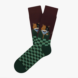Cartoon cat illustration crew socks in dark red and green checkerboard cotton blend