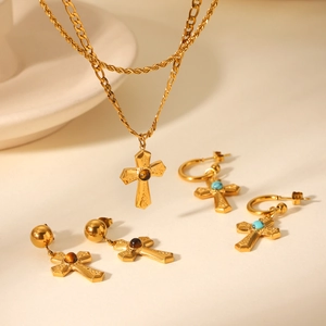 Gold double-layer necklaces and cross earrings set with turquoise and tiger eye stones