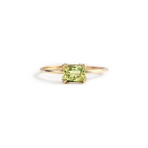 Macro view of square emerald cut gemstone in a four-prong gold setting on a silver ring