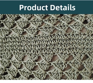 Close-up of olive green handmade hollow crochet paper rope bag with beige lining