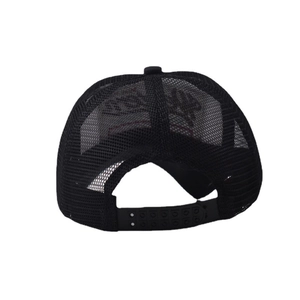Rear view of black trucker hat showing breathable mesh and adjustable snapback closure