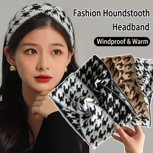 Bandeau Tricoté Femme Motif Pied-De-Poule Large Élastique Nœud Croisé Bandeau Cheveux Automne Hiver Chaud Accessoires