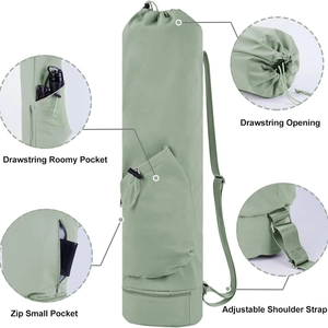 Light green canvas yoga mat bag with adjustable strap and drawstring pockets for fitness