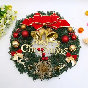 30cm Christmas wreath with red bow, golden bells, deer, and Merry Christmas sign