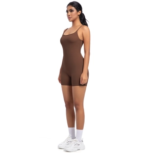 Side view of coffee brown yoga bodysuit featuring thin straps and high-stretch fabric