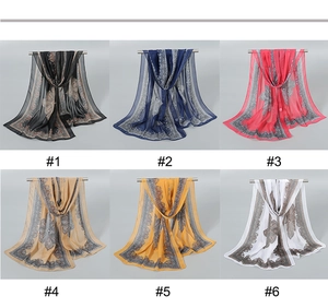 Detail showing six colors of breathable chiffon scarves with vintage floral prints