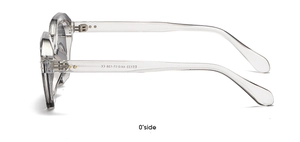 Side view detail of transparent grey polygon sunglasses showing the temple and hinges