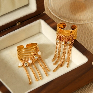 Gold tassel ring set with pearls and zircons, adjustable stainless steel jewelry