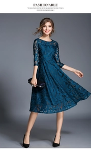 Detailed texture of navy blue lace dress with elegant hollow-out floral pattern