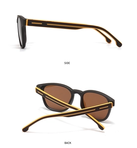 Detailed side and back views of classic black TR sunglasses with yellow temple accents